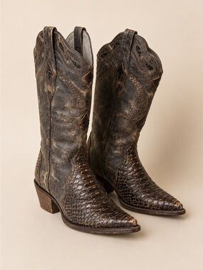 Cuadra Women’s Genuine Python Snakeskin Western Cowboy Boots Brown Leather US 6